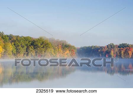 Forest in autumn colours along the shoreline of a misty lake; Mt orab ohio united states of america View Large Photo Image Stock Photo - Forest in autumn colours along the shoreline of a misty lake; Mt orab ohio united states of america. Fotosearch