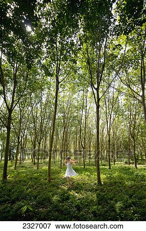 Stock Photo - Girl dancing in a forest of rubber trees; Phuket thailand. Fotosearch