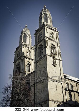 Grossmunster a romanesque-style protestant church; Zurich switzerland View Large Photo Image Picture - Grossmunster a romanesque-style protestant church; Zurich switzerland. Fotosearch