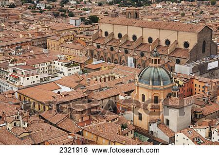 Stock Photo - High Angle View From The Towers Of Bologna With A View Of A Cathedral's Dome Roof; Bologna Emilia-Romagna Italy. Fotosearch