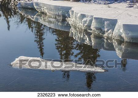 Stock Image - Ice detail on the jarvis river where it crosses the alacan highway south of kluane lake in early spring; Yukon canada. Fotosearch