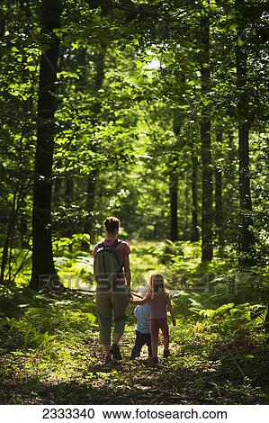 Stock Image - Mother with boy and girl walking along trail in oak forest; Brittany france. Fotosearch