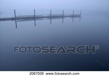 Stock Photo - Multi-Person Racing Rowboats Line A Dock In The Mist, Victoria, Bc, Canada. Fotosearch