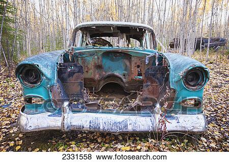 Old derelict car sitting in a forest in autumn; Nenana alaska united states of america View Large Photo Image Stock Photo - Old derelict car sitting in a forest in autumn; Nenana alaska united states of america. Fotosearch