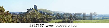Panoramic view of medieval ruins of corfe castle; Dorset england View Large Photo Image Stock Photo - Panoramic view of medieval ruins of corfe castle; Dorset england. Fotosearch