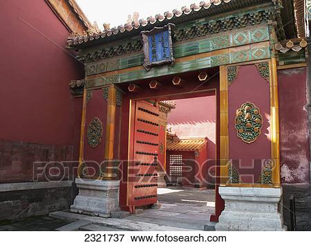 Stock Photo - Red Building With Colourful And Ornate Design With Chinese Architecture; Forbidden City Beijing China. Fotosearch