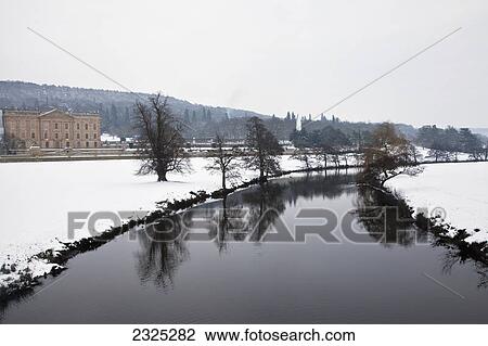 Stock Image - River derwent through chatsworth park in winter; Derbyshire england. Fotosearch