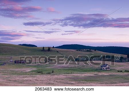 Stock Image - Rural Farmland And An Abandoned Farmhouse; Canada, British Columbia, Bridesville, Boundary Country. Fotosearch