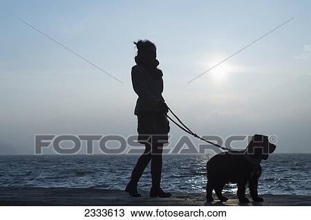 Stock Image - Silhouette of a woman and her dog at the water's edge; Ascona ticino switzerland. Fotosearch