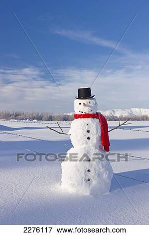 Snowman wearing a red scarf and black top hat standing in fresh snow on a sunny day; Palmer alaska united states of america View Large Photo Image Stock Photo - Snowman wearing a red scarf and black top hat standing in fresh snow on a sunny day; Palmer alaska united states of america. Fotosearch