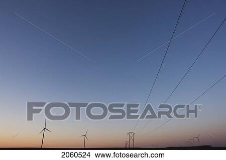 Picture - Sunset, Wind Turbines And Power Lines. Fotosearch