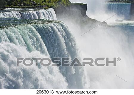 Stock Image - The American Falls Photographed From Prospect Point - Niagara Falls State Park - Niagara Falls New York Usa With The Maid Of The Mist And Horseshoe Falls In The Background, Usa, New York, Niagara Fa. Fotosearch