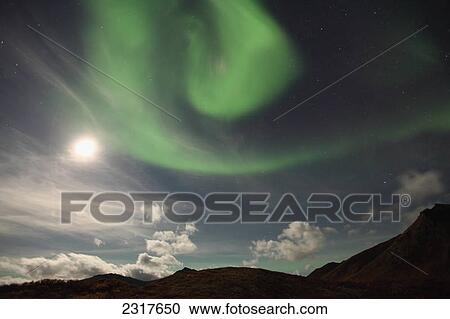 Stock Image - The Aurora Borealis Or Northern Lights Above The Dempster Highway With A Full Moon In The Sky; Yukon Canada. Fotosearch