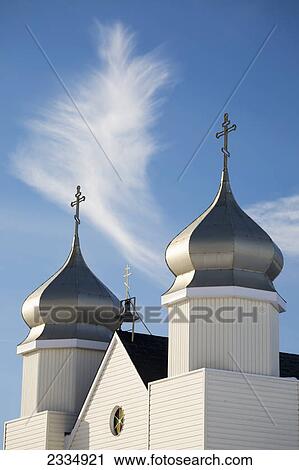 Twin steeples on a ukrainian orthodox church with blue sky and clouds; Alberta canada View Large Photo Image Stock Image - Twin steeples on a ukrainian orthodox church with blue sky and clouds; Alberta canada. Fotosearch