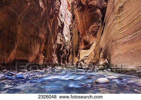 Stock Photo - Utah, Zion National Park, Virgin River, Flowing river, Canyon narrows.. Fotosearch
