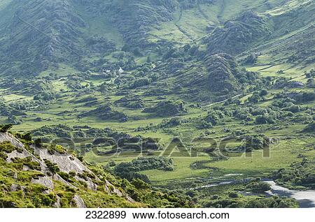 Stock Photo - Valley above glanmore lake viewed from healy pass beara peninsula; County kerry ireland. Fotosearch