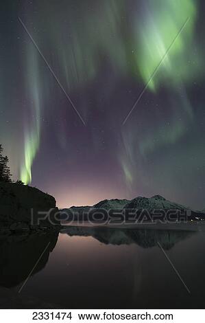 Picture - View of the aurora borealis (northern lights) dancing above the chugach mountains and reflecting in the waters of turnagain arm kenai peninsula; Alaska united states of america. Fotosearch