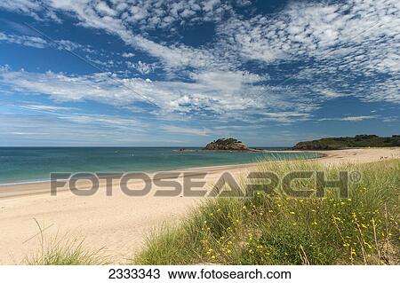 Stock Image - View over dunes and along beach to the fort du guesclin near cancale; Brittany france. Fotosearch