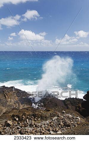 Stock Image - Water sprays out of a blowhole on the coast; Honolulu hawaii united states of america. Fotosearch