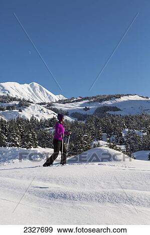 Stock Photo - Woman snowshoeing on a sunny day at turnagain pass kenai peninsula chugach national forest; Southcentral alaska united states of america. Fotosearch