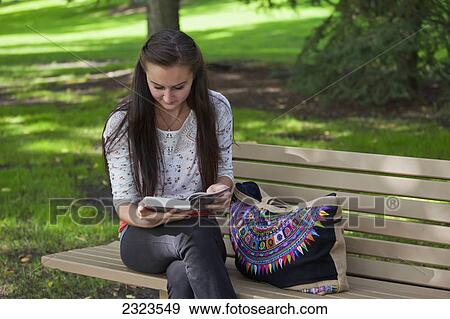 Stock Photo - Young woman reading in a park sitting on a park bench; Edmonton alberta canada. Fotosearch