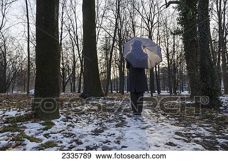 Stock Photo - A woman holding an umbrella and standing in a park area surrounded by trees with a trace of snow. Fotosearch