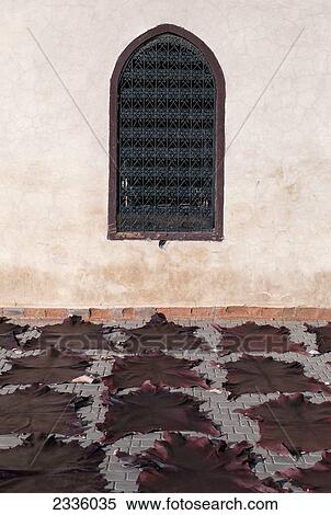 Stock Photography - Animal skin mats in a row on the ground facing a wall with a screened window. Fotosearch