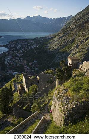 Fortress of St. Ivan wall overlooking Bay of Kotor; Monte View Large Photo Image Picture - Fortress of St. Ivan wall overlooking Bay of Kotor; Monte. Fotosearch
