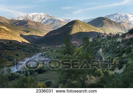 Stock Image - Landscape of mountains and a river flowing through the valley. Fotosearch