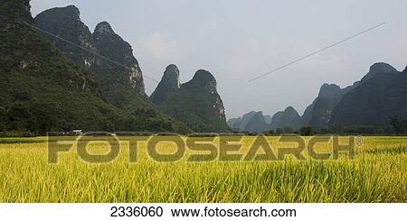 Stock Image - Landscape of rugged mountain peaks and a crop in a field. Fotosearch