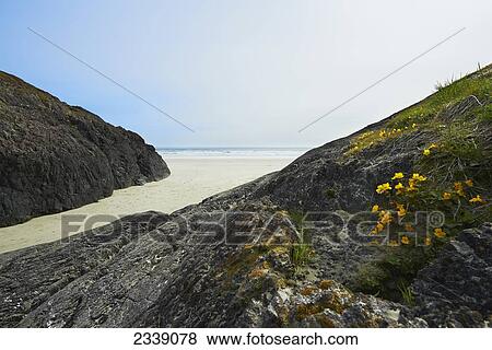 Looking west to the Pacific Ocean through two rock formations; British Columbia, Canada View Large Photo Image Stock Photo - Looking west to the Pacific Ocean through two rock formations; British Columbia, Canada. Fotosearch