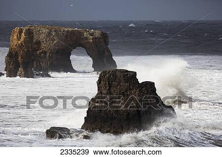 Rock formations and a natural arch in the ocean with splashing waves; South Shields, Tyne and Wear, England View Large Photo Image Stock Photo - Rock formations and a natural arch in the ocean with splashing waves; South Shields, Tyne and Wear, England. Fotosearch