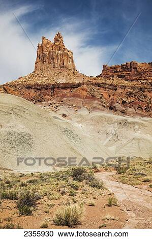 Stock Image - View of sandstone rock formation called The Castle in Capital Reef National Park; Torrey, Utah, United States of America. Fotosearch