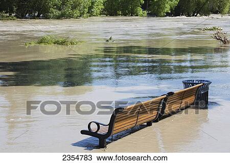 A 公園のベンチ 座る 中に 高く 水 後で Flooding Calgary アルバータ カナダ ストックイメージ Fotosearch