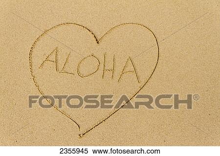 Stock Photography - A Heart Drawn In The Sand With The Word Aloha; Honolulu, Oahu, Hawaii, United States Of America. Fotosearch