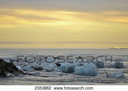 Stock Image - Glacial Lagoon At Sunset; Jokulsarlon, Austur-Skaftrafellssysla, Iceland. Fotosearch
