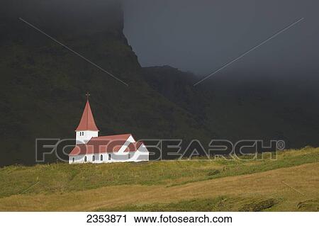 Stock Image - Isolated Church On A Hill; Vik, Vestur-Skaftafellssysla, Iceland. Fotosearch