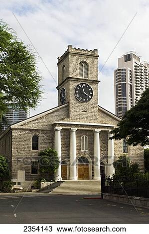 Stock Image - Kawaiahao Church In Historic Downtown Honolulu; Honolulu, Oahu, Hawaii, United States Of America. Fotosearch