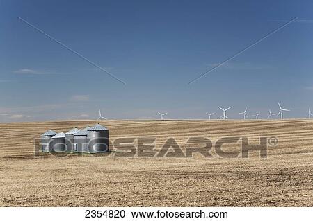 Metal Grain Bins In A Brown Field With Wind Turbines In The Background And Blue Sky; Beiseker, Alberta, Canada View Large Photo Image Stock Image - Metal Grain Bins In A Brown Field With Wind Turbines In The Background And Blue Sky; Beiseker, Alberta, Canada. Fotosearch