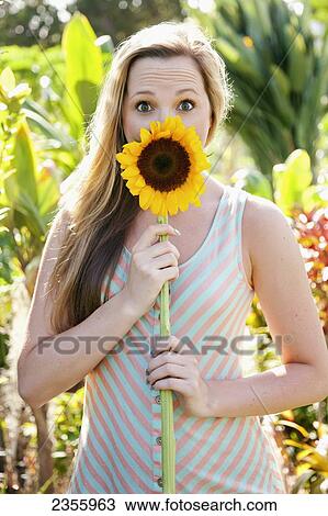 Portrait Of A Girl Wide Eyed With A Sunflower In Front Of Her Mouth; Honolulu, Oahu, Hawaii, United States Of America View Large Photo Image Stock Image - Portrait Of A Girl Wide Eyed With A Sunflower In Front Of Her Mouth; Honolulu, Oahu, Hawaii, United States Of America. Fotosearch