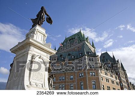 Stock Photo - Samuel De Champlain Statue And Chateau Frontenac; Old Quebec City, Quebec, Canada. Fotosearch