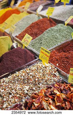 Stock Image - Spices For Sale In The Spice Bazaar; Istanbul, Turkey. Fotosearch
