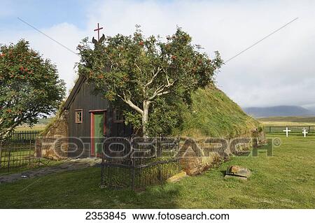 Stock Photography - Turf Chapel; Skagafjordur, Vidimyri, Iceland. Fotosearch