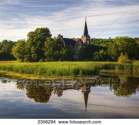 United Church Reflected In Mill Pond; Knowlton, Quebec, Canada View Large Photo Image Picture - United Church Reflected In Mill Pond; Knowlton, Quebec, Canada. Fotosearch