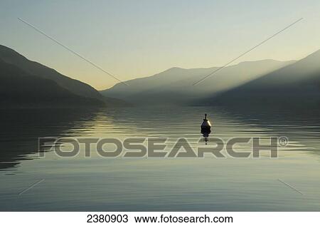 Stock Image - A buoy floats in tranquil lake water with a silhouette of the swiss alps at dawn; Ascona, Ticino, Switzerland. Fotosearch
