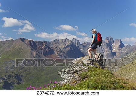 Stock Image - A female hiker stands looking over the landscape of mountains and valleys; Yukon, Canada. Fotosearch