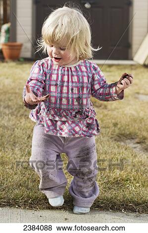 A toddler walks through her yard holding rocks; Alberta, Canada View Large Photo Image Stock Photo - A toddler walks through her yard holding rocks; Alberta, Canada. Fotosearch