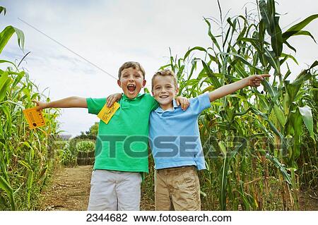 Stock Image - Agriculture - Two young boys play in a corn maze at a local family produce farm / Warwick, Rhode Island, USA.. Fotosearch