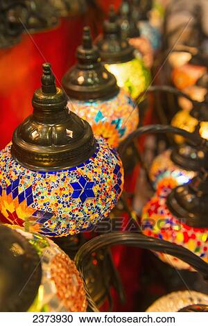 Stock Image - Detail of lamps for sale in the spice souk; Dubai, United Arab Emirates. Fotosearch