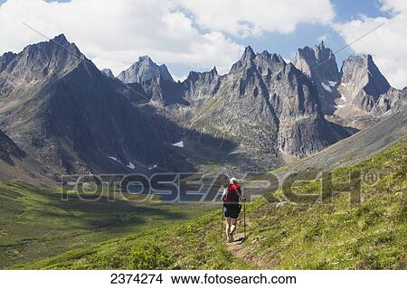 Picture - Female hiker walking on mountain trail with mountain lake, and valley with clouds and blue sky; Yukon, Canada. Fotosearch